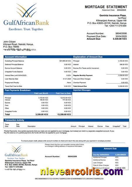 Kenya Gulf African Bank mortgage statement Word and PDF template